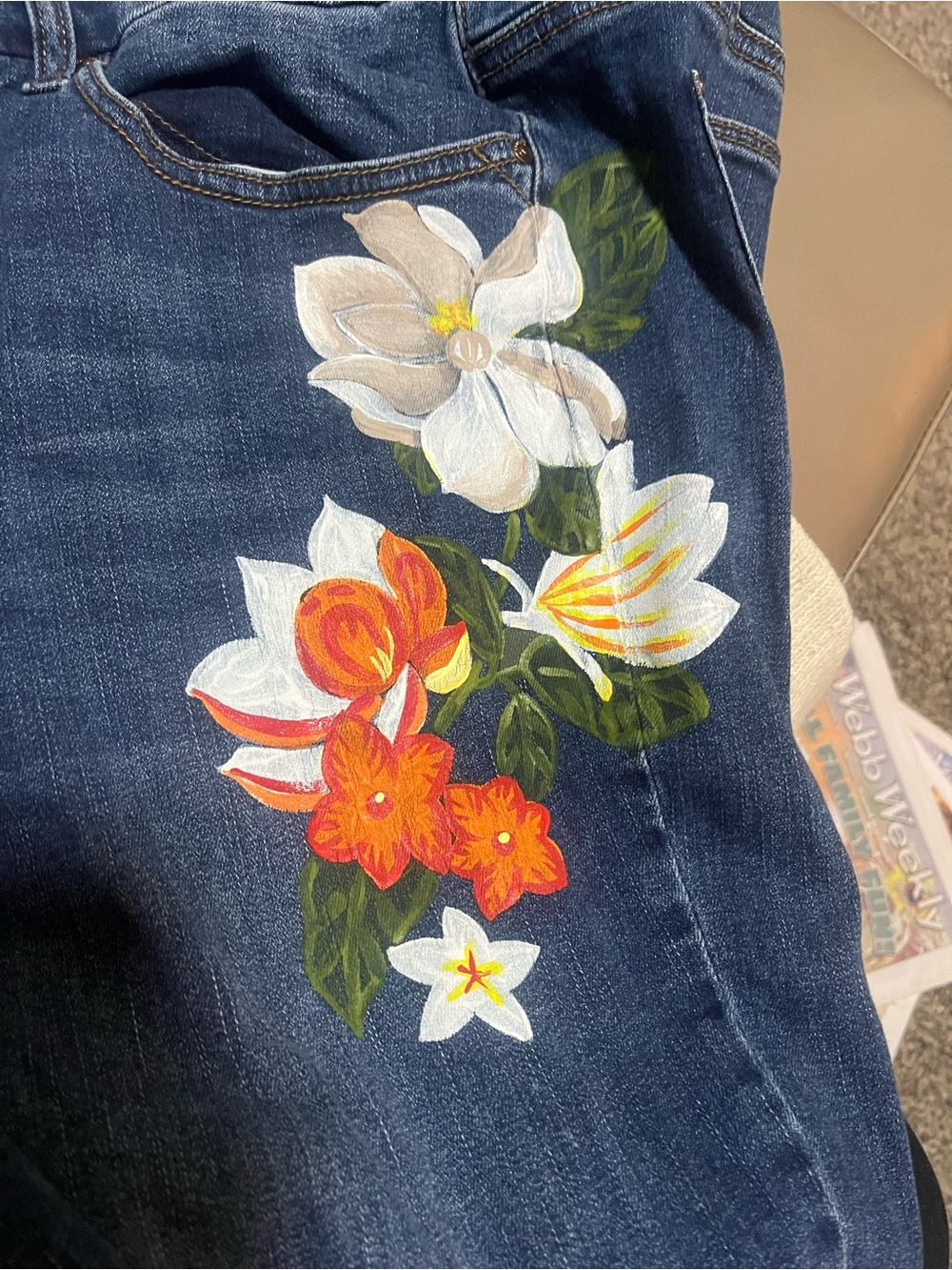 Hand-Painted Dark Blue Women’s Jeans with Floral Artwork by Chicos size 3 or 16